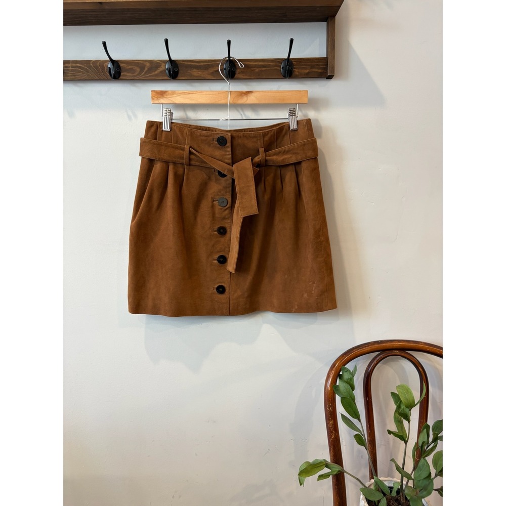 Sezane Brown Suede Button Front Tie Waist Mini Skirt